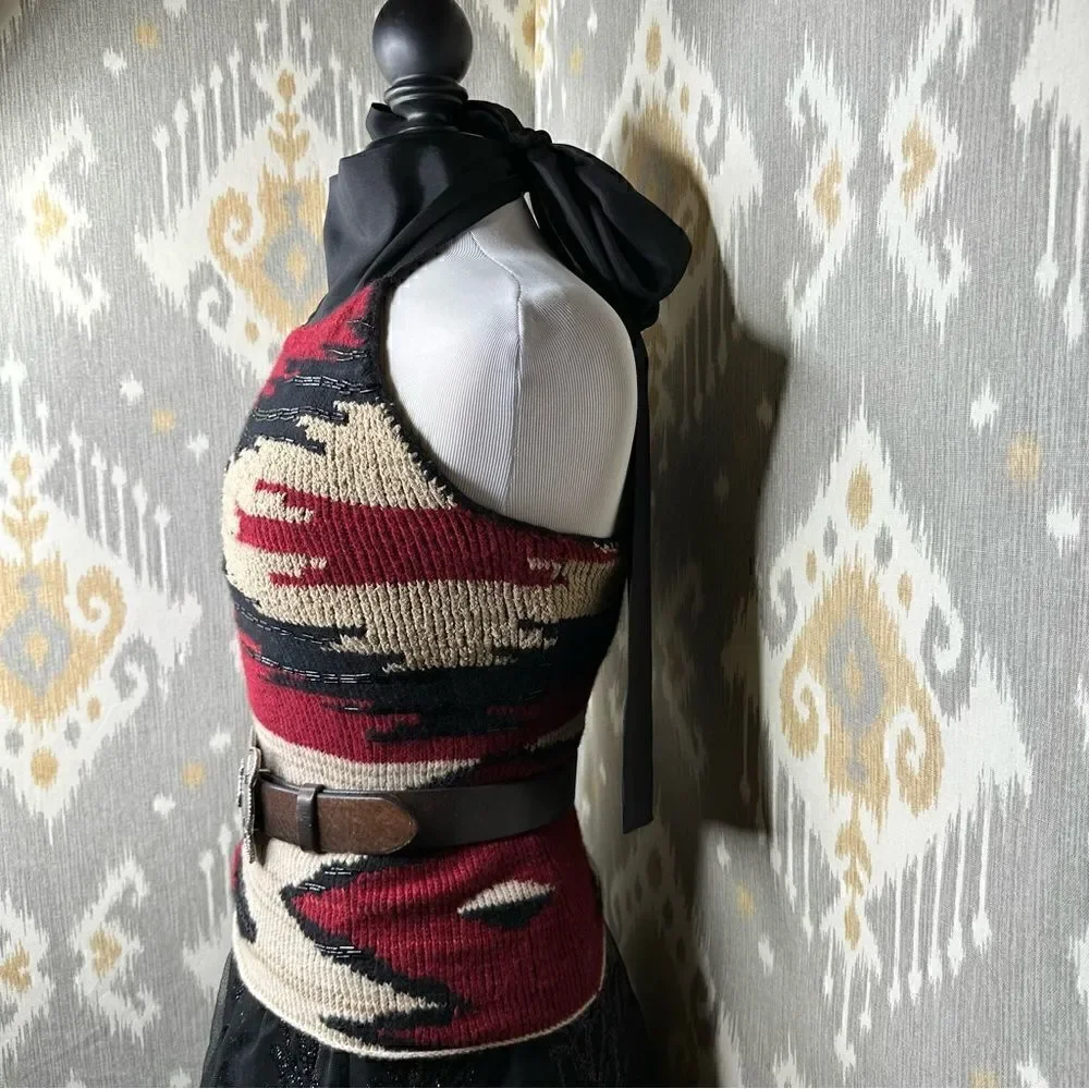 Ralph Lauren * 2011 Hand-Knit Red Beacon Blanket Beaded Halter with Silk Scarf - Picture 13 of 16